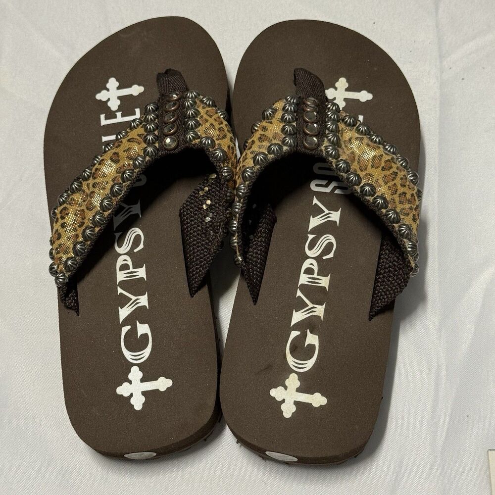 Gypsy Soule Leopard Rhinestone Flip Flop Sandals Women’s Size 7 Boho Bling NWOT - Picture 13 of 15